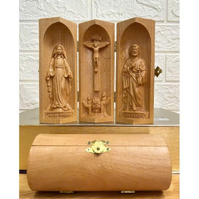 Bộ bàn thờ công giáo mini Đức mẹ Ban Ơn - Chúa Chịu Nạn -Thánh Giuse, cao 15cm, gỗ Beech