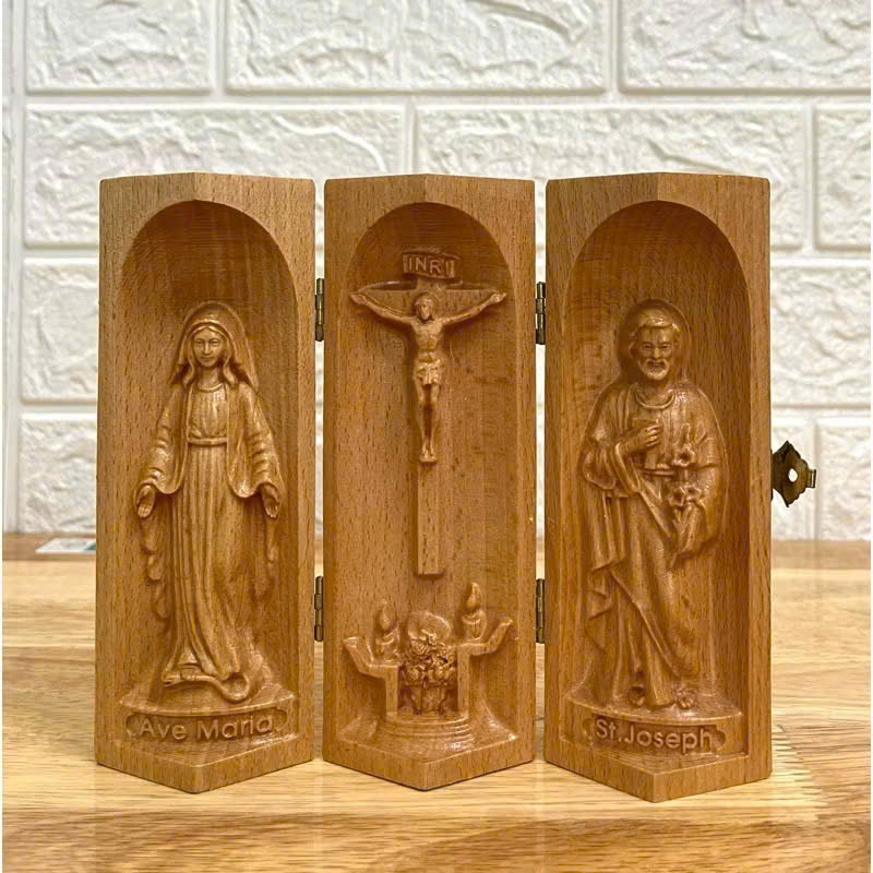 Bộ bàn thờ công giáo mini Đức mẹ Ban Ơn - Chúa Chịu Nạn -Thánh Giuse, cao 15cm, gỗ Beech