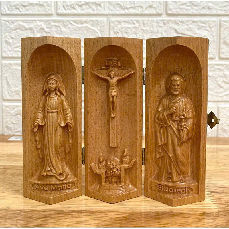 Bộ bàn thờ công giáo mini Đức mẹ Ban Ơn - Chúa Chịu Nạn -Thánh Giuse, cao 15cm, gỗ Beech