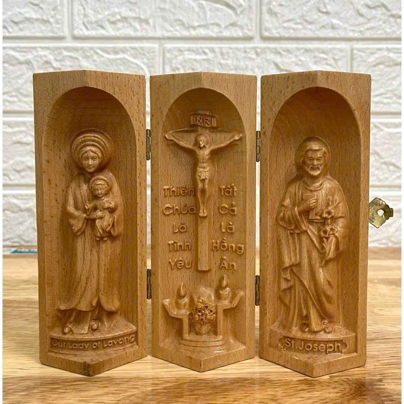 Bộ bàn thờ công giáo mini Đức mẹ La Vang - Chúa Tình Yêu -Thánh Giuse, cao 15cm, gỗ Beech