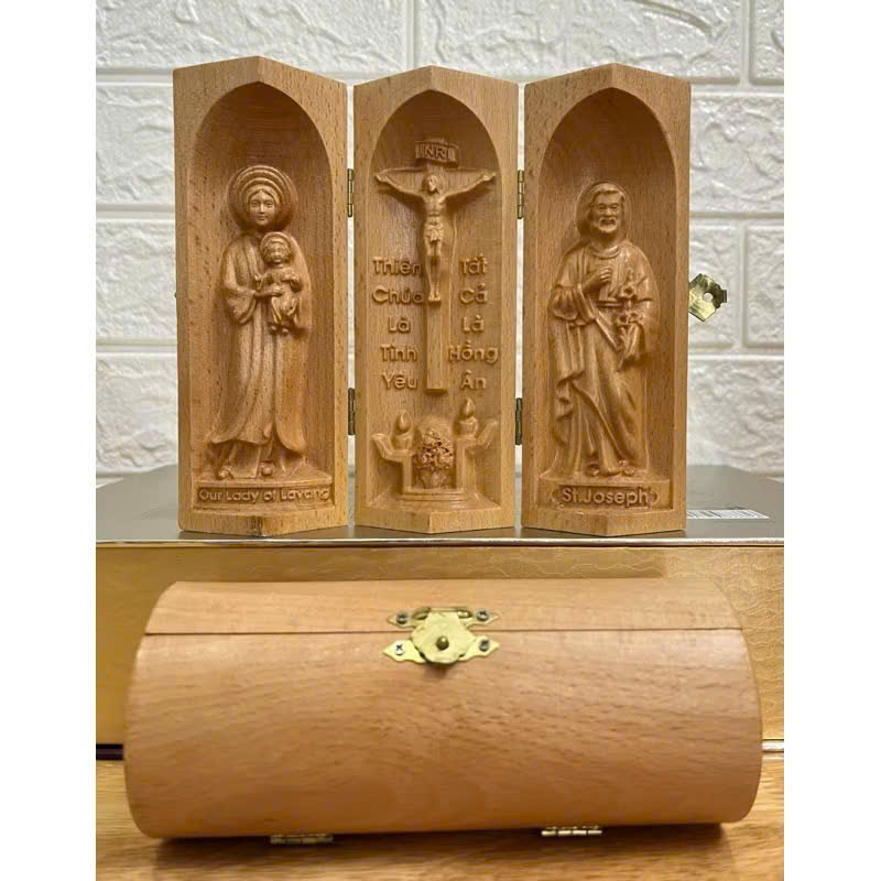 Bộ bàn thờ công giáo mini Đức mẹ La Vang - Chúa Tình Yêu -Thánh Giuse, cao 15cm, gỗ Beech