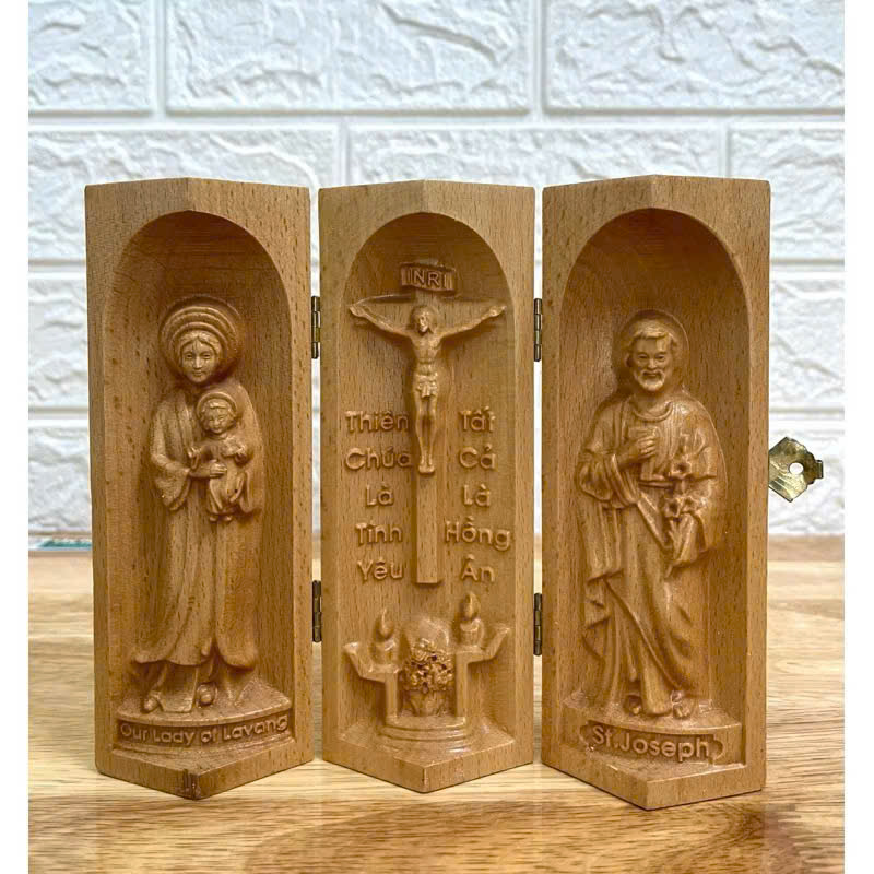 Bộ bàn thờ công giáo mini Đức mẹ La Vang - Chúa Tình Yêu -Thánh Giuse, cao 15cm, gỗ Beech