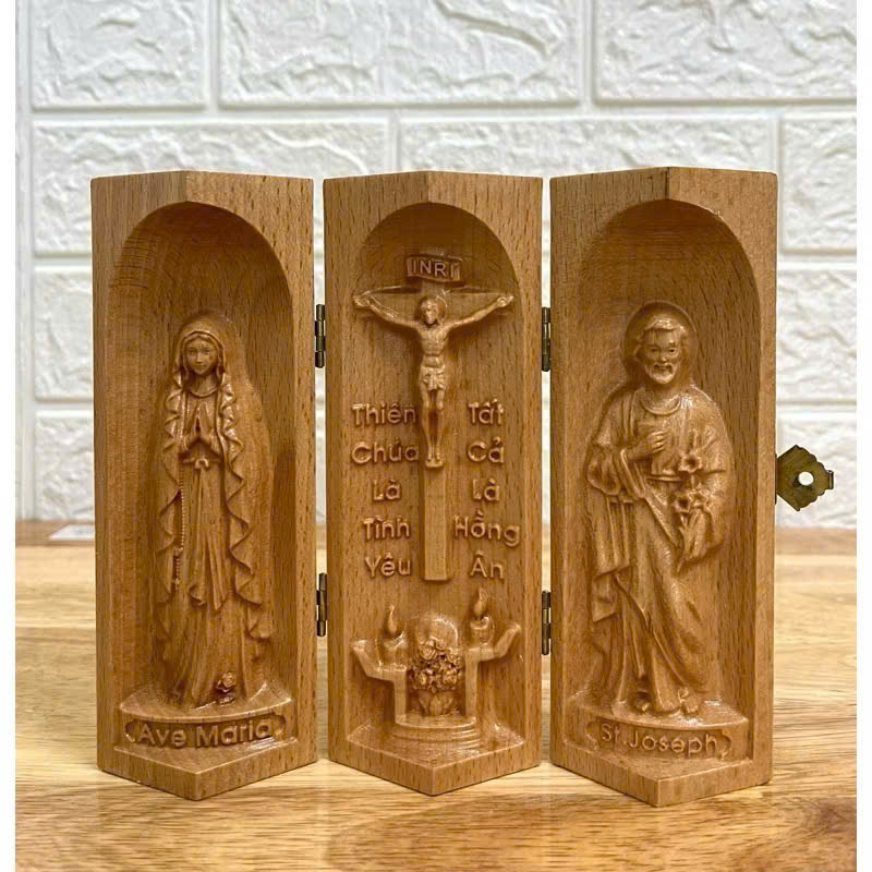 Bộ bàn thờ công giáo mini Đức mẹ Lộ Đức - Chúa Tình Yêu -Thánh Giuse, cao 15cm, gỗ Beech