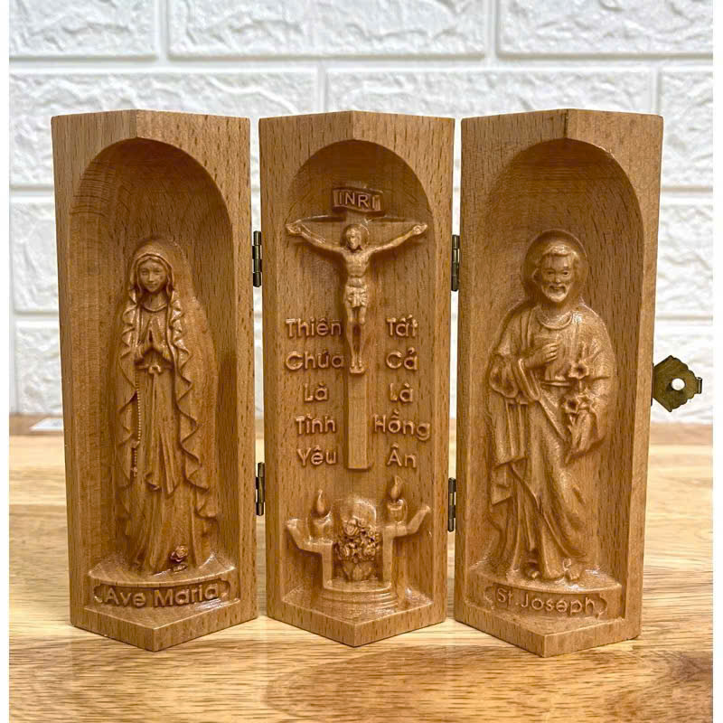 Bộ bàn thờ công giáo mini Đức mẹ Lộ Đức - Chúa Tình Yêu -Thánh Giuse, cao 15cm, gỗ Beech