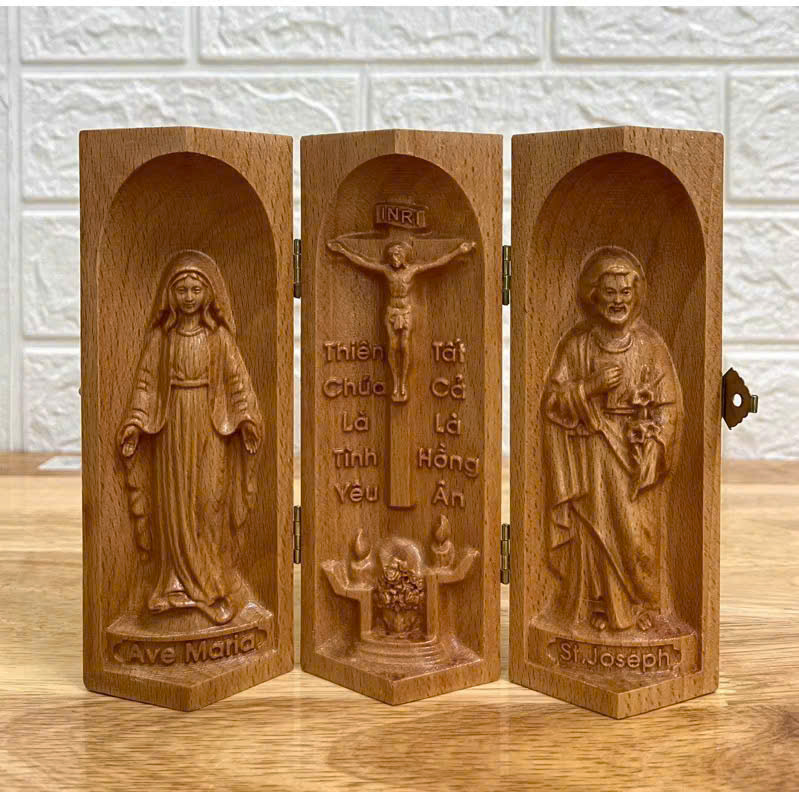Bộ bàn thờ công giáo mini Đức mẹ Ban Ơn - Chúa Tình Yêu -Thánh Giuse, cao 15cm, gỗ Beech