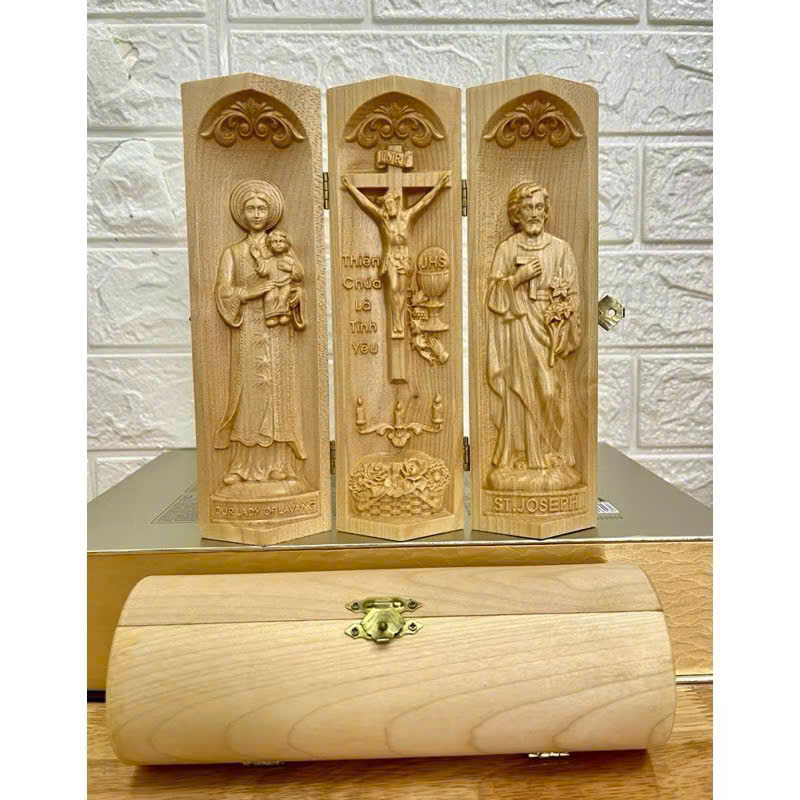 Bộ bàn thờ công giáo mini Đức mẹ La Vang - Chúa Tình Yêu -Thánh Giuse, cao 20cm, gỗ Maple