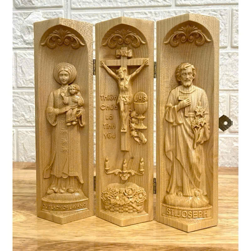 Bộ bàn thờ công giáo mini Đức mẹ La Vang - Chúa Tình Yêu -Thánh Giuse, cao 20cm, gỗ Maple