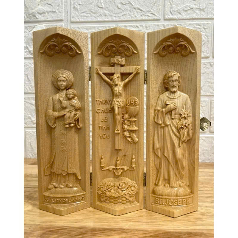 Bộ bàn thờ công giáo mini Đức mẹ La Vang - Chúa Tình Yêu -Thánh Giuse, cao 20cm, gỗ Maple