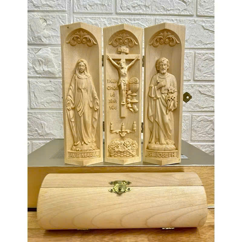 Bộ bàn thờ công giáo mini Đức mẹ Ban Ơn - Chúa Tình Yêu -Thánh Giuse, cao 20cm, gỗ Maple