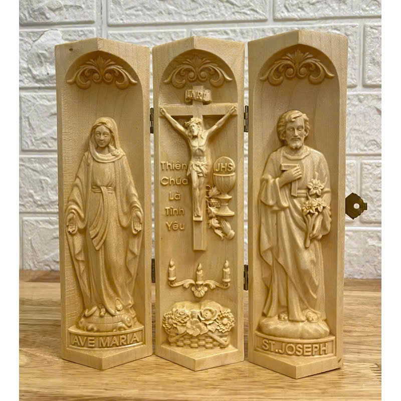 Bộ bàn thờ công giáo mini Đức mẹ Ban Ơn - Chúa Tình Yêu -Thánh Giuse, cao 20cm, gỗ Maple