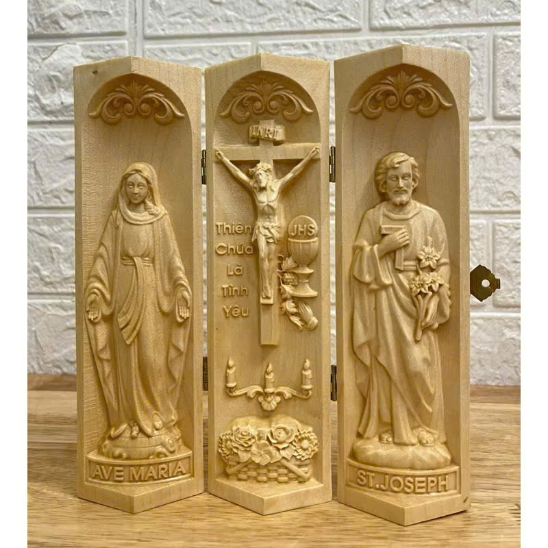 Bộ bàn thờ công giáo mini Đức mẹ Ban Ơn - Chúa Tình Yêu -Thánh Giuse, cao 20cm, gỗ Maple