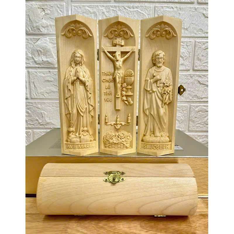 Bộ bàn thờ công giáo mini Đức mẹ Lộ Đức - Chúa Tình Yêu -Thánh Giuse, cao 20cm, gỗ Maple