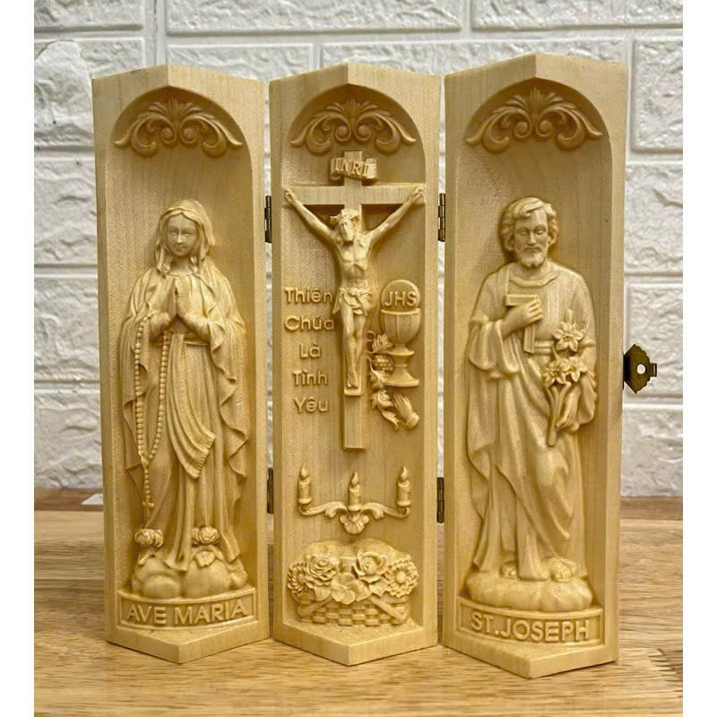 Bộ bàn thờ công giáo mini Đức mẹ Lộ Đức - Chúa Tình Yêu -Thánh Giuse, cao 20cm, gỗ Maple