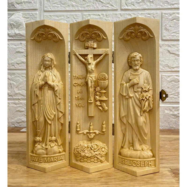 Bộ bàn thờ công giáo mini Đức mẹ Lộ Đức - Chúa Tình Yêu -Thánh Giuse, cao 20cm, gỗ Maple