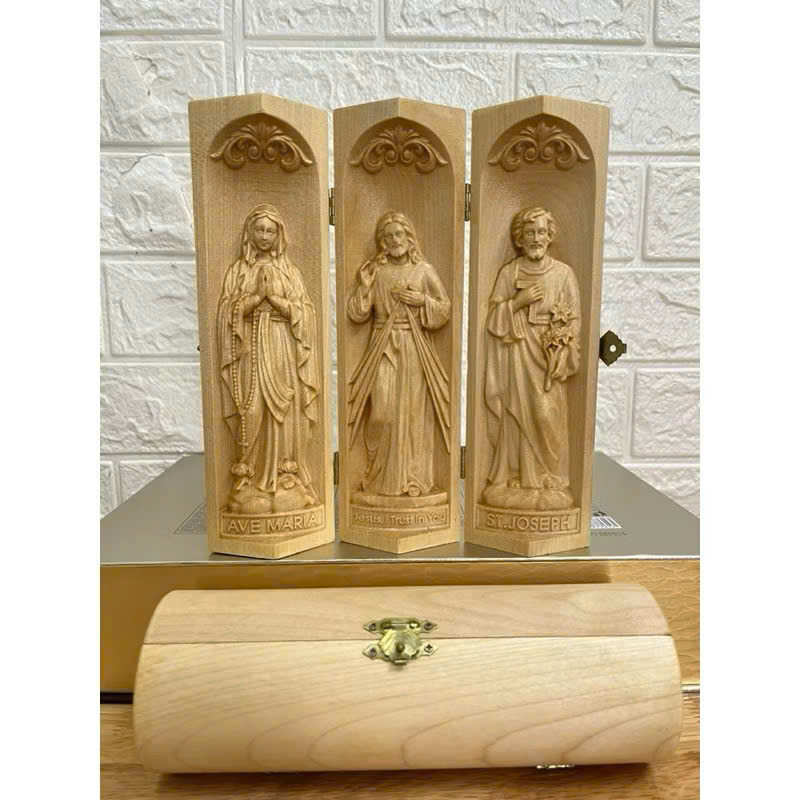 Bộ bàn thờ công giáo mini Đức mẹ Lộ Đức - Chúa Thương Xót -Thánh Giuse, cao 20cm, gỗ Maple