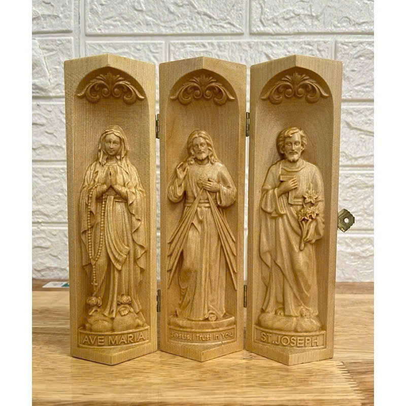Bộ bàn thờ công giáo mini Đức mẹ Lộ Đức - Chúa Thương Xót -Thánh Giuse, cao 20cm, gỗ Maple