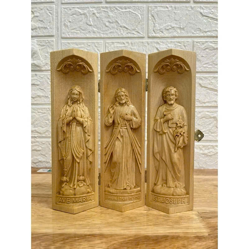Bộ bàn thờ công giáo mini Đức mẹ Lộ Đức - Chúa Thương Xót -Thánh Giuse, cao 20cm, gỗ Maple