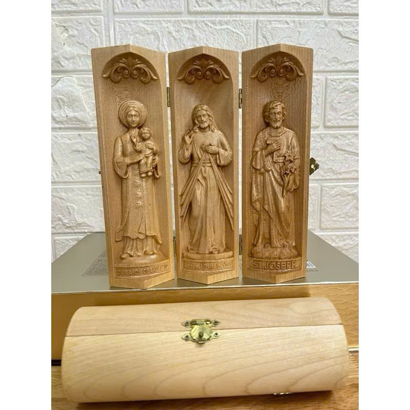 Bộ bàn thờ công giáo mini Đức mẹ La Vang - Chúa Thương Xót -Thánh Giuse, cao 20cm, gỗ Maple