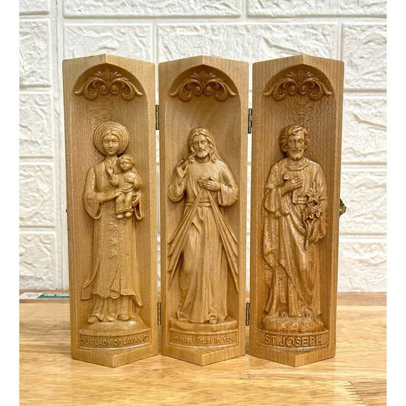 Bộ bàn thờ công giáo mini Đức mẹ La Vang - Chúa Thương Xót -Thánh Giuse, cao 20cm, gỗ Maple