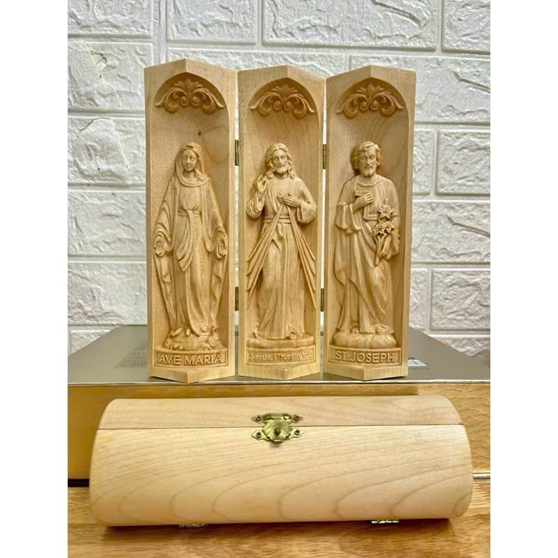 Bộ bàn thờ công giáo mini Đức mẹ Ban Ơn - Chúa Thương Xót -Thánh Giuse, cao 20cm, gỗ Maple