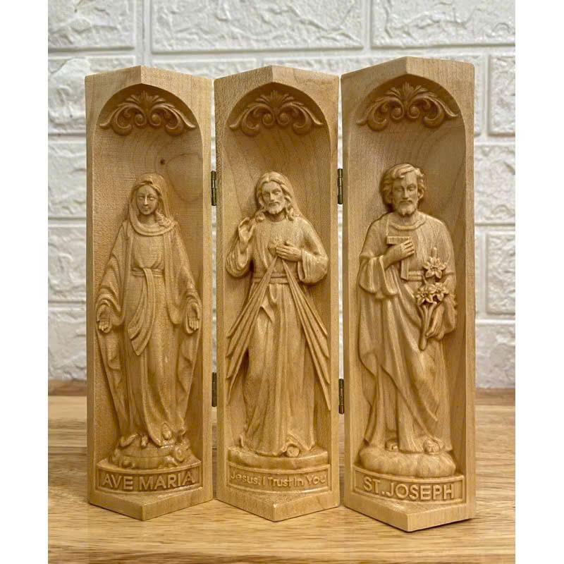 Bộ bàn thờ công giáo mini Đức mẹ Ban Ơn - Chúa Thương Xót -Thánh Giuse, cao 20cm, gỗ Maple