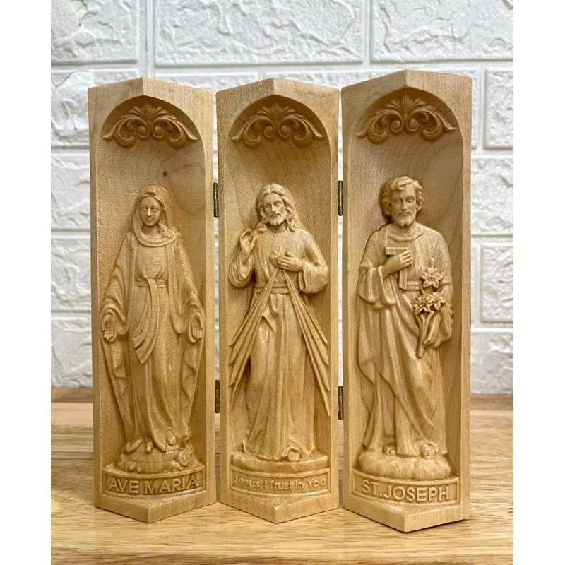 Bộ bàn thờ công giáo mini Đức mẹ Ban Ơn - Chúa Thương Xót -Thánh Giuse, cao 20cm, gỗ Maple
