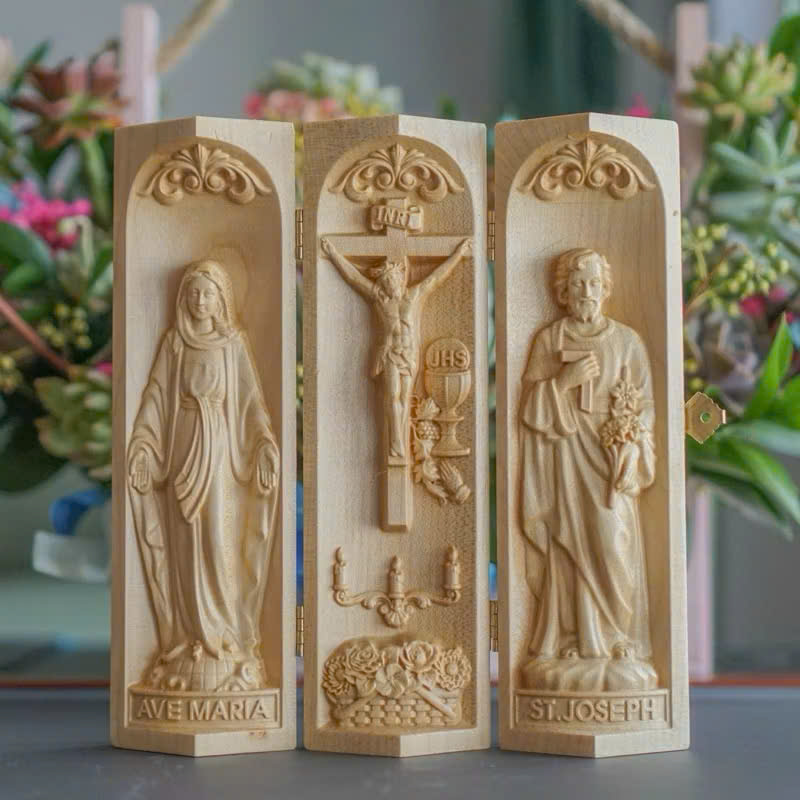 Bộ bàn thờ công giáo mini Đức mẹ Ban Ơn - Chúa Chịu Nạn -Thánh Giuse, cao 20cm, gỗ Maple
