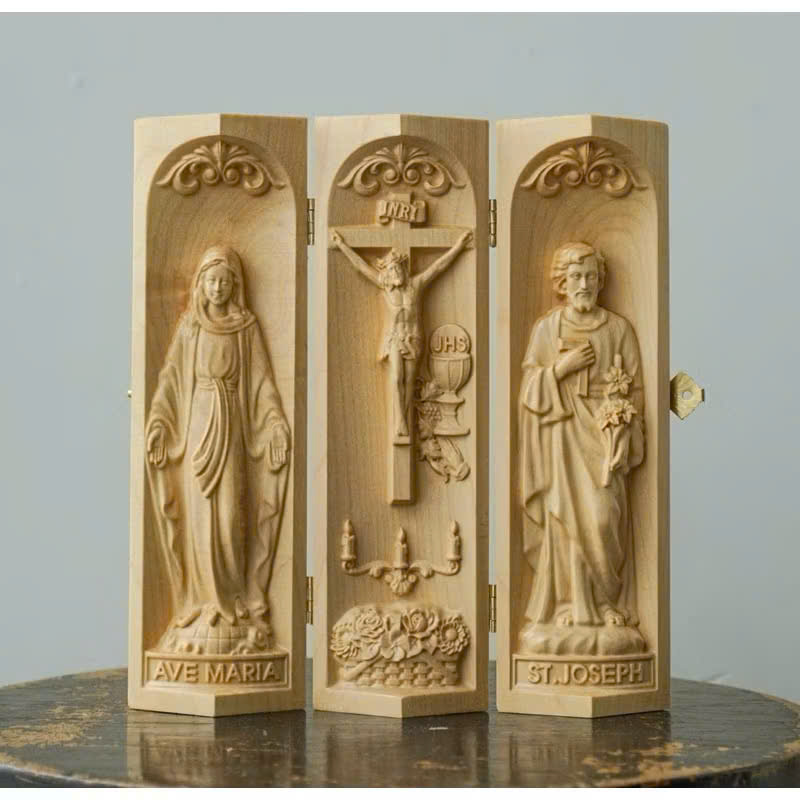 Bộ bàn thờ công giáo mini Đức mẹ Ban Ơn - Chúa Chịu Nạn -Thánh Giuse, cao 20cm, gỗ Maple