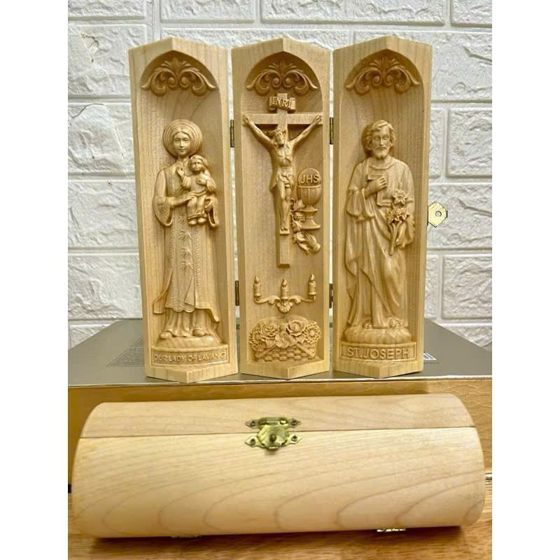 Bộ bàn thờ công giáo mini Đức mẹ La Vang - Chúa Chịu Nạn -Thánh Giuse, cao 20cm, gỗ Maple
