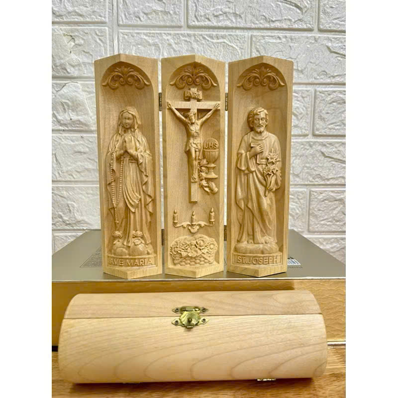 Bộ bàn thờ công giáo mini Đức mẹ Lộ Đức - Chúa Chịu Nạn -Thánh Giuse, cao 20cm, gỗ Maple