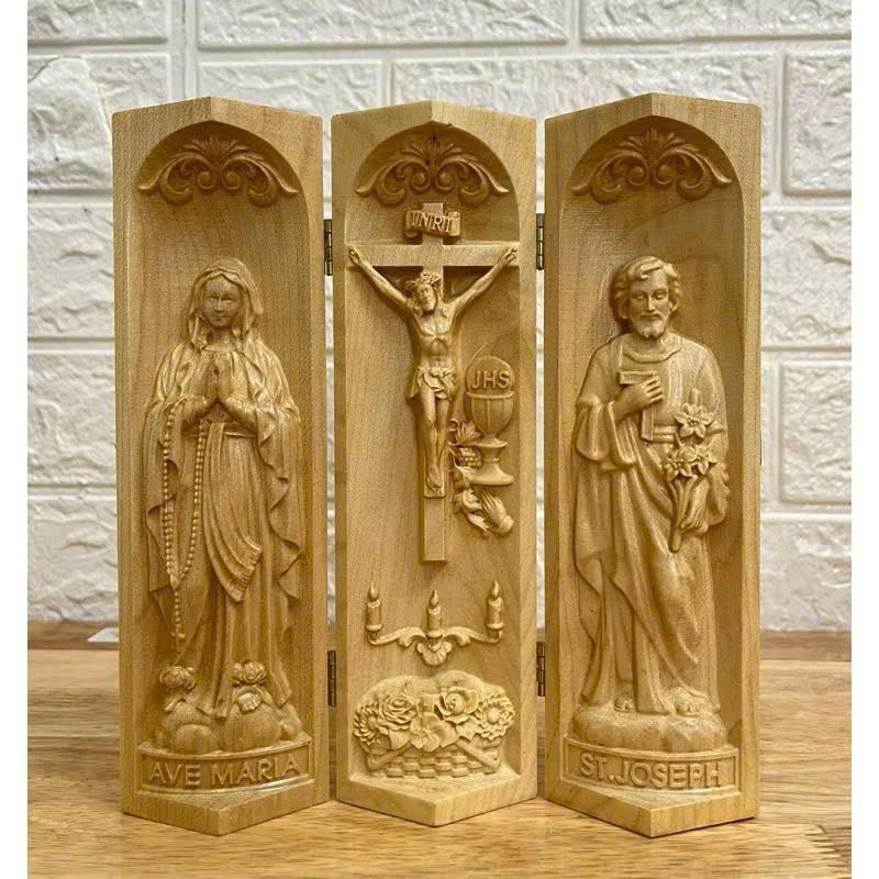 Bộ bàn thờ công giáo mini Đức mẹ Lộ Đức - Chúa Chịu Nạn -Thánh Giuse, cao 20cm, gỗ Maple