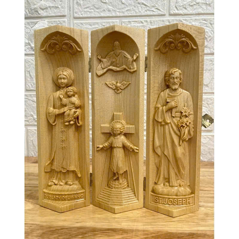 Bộ bàn thờ công giáo mini Chúa 3 Ngôi - Đức mẹ La Vang, cao 20cm, gỗ Maple