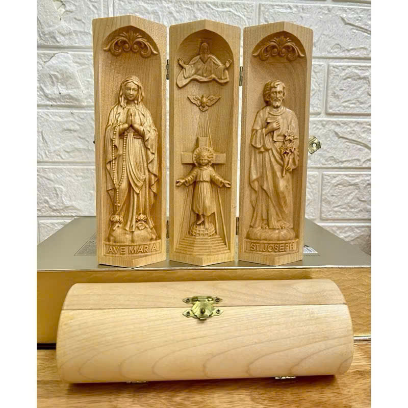 Bộ bàn thờ công giáo mini Chúa 3 Ngôi - Đức mẹ Lộ Đức, cao 20cm, gỗ Maple