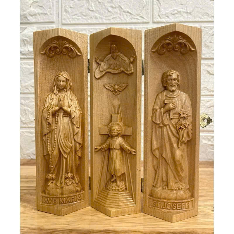 Bộ bàn thờ công giáo mini Chúa 3 Ngôi - Đức mẹ Lộ Đức, cao 20cm, gỗ Maple