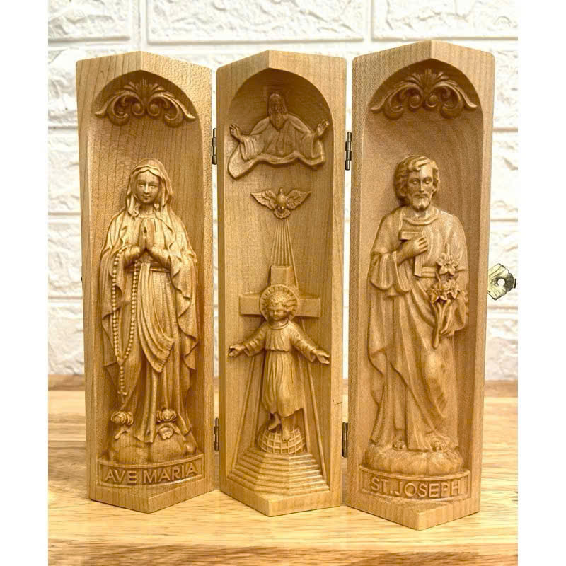 Bộ bàn thờ công giáo mini Chúa 3 Ngôi - Đức mẹ Lộ Đức, cao 20cm, gỗ Maple