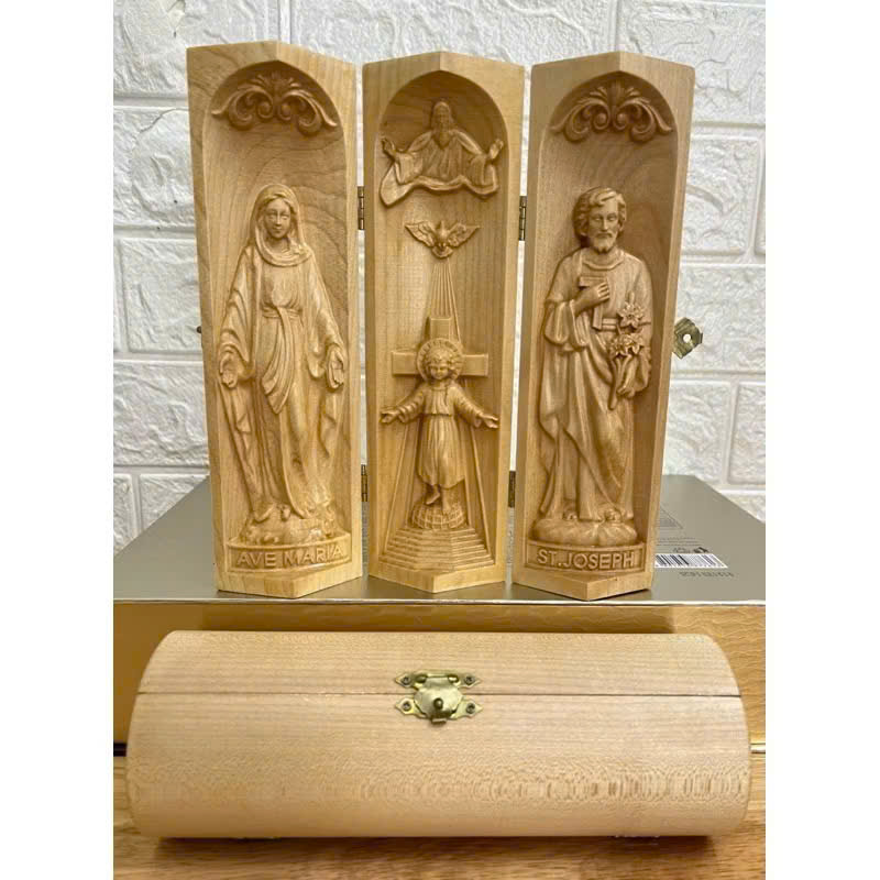 Bộ bàn thờ công giáo mini Chúa 3 Ngôi - Đức mẹ Ban Ơn, cao 20cm, gỗ Maple