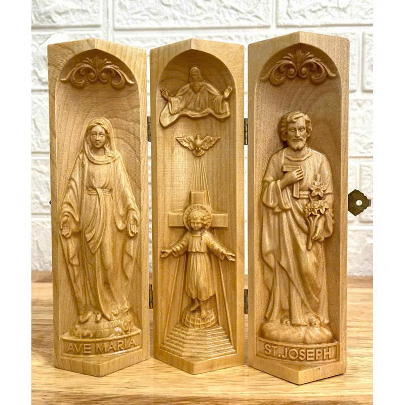 Bộ bàn thờ công giáo mini Chúa 3 Ngôi - Đức mẹ Ban Ơn, cao 20cm, gỗ Maple