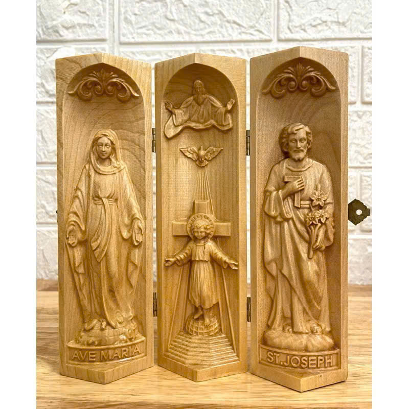 Bộ bàn thờ công giáo mini Chúa 3 Ngôi - Đức mẹ Ban Ơn, cao 20cm, gỗ Maple