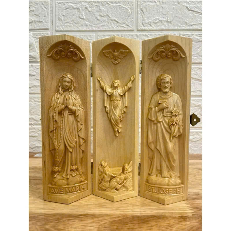 Bộ bàn thờ công giáo mini Đức mẹ Lộ Đức - Chúa Phục Sinh - Thánh Giuse, cao 20cm, gỗ Maple