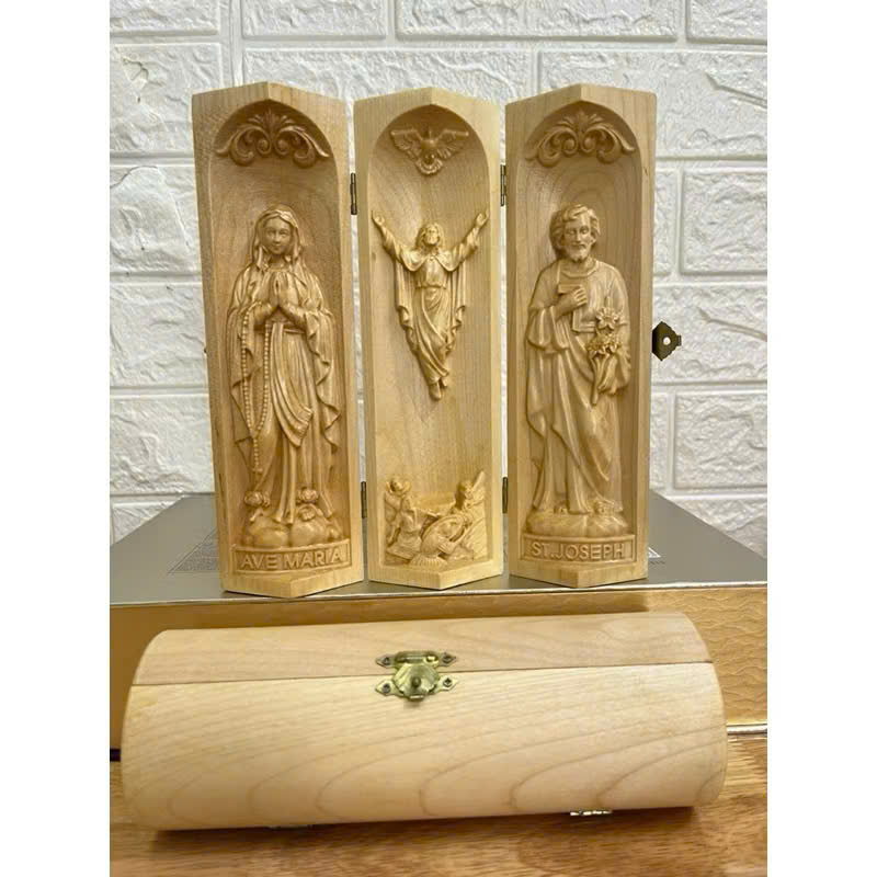 Bộ bàn thờ công giáo mini Đức mẹ Lộ Đức - Chúa Phục Sinh - Thánh Giuse, cao 20cm, gỗ Maple