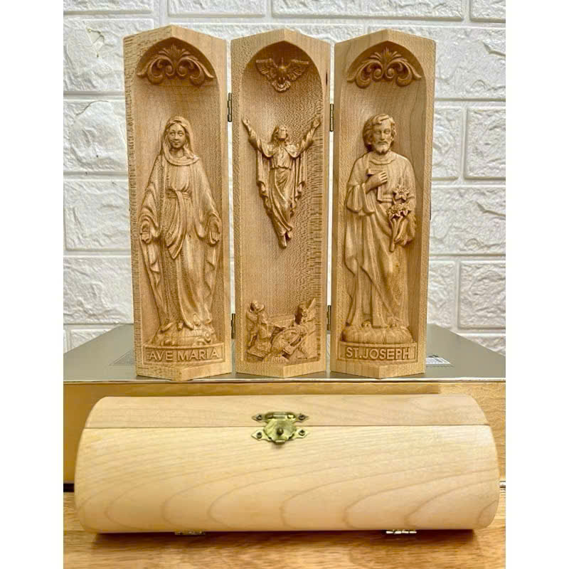 Bộ bàn thờ công giáo mini Đức mẹ Ban Ơn - Chúa Phục Sinh - Thánh Giuse, cao 20cm, gỗ Maple