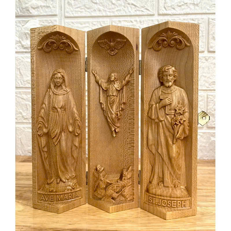 Bộ bàn thờ công giáo mini Đức mẹ Ban Ơn - Chúa Phục Sinh - Thánh Giuse, cao 20cm, gỗ Maple
