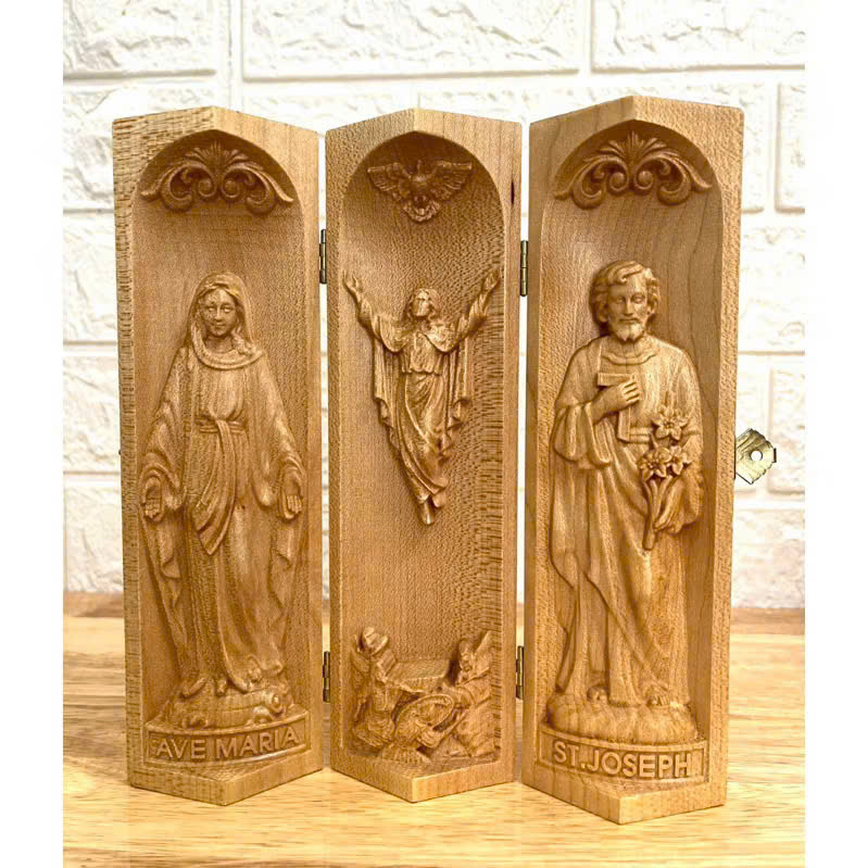 Bộ bàn thờ công giáo mini Đức mẹ Ban Ơn - Chúa Phục Sinh - Thánh Giuse, cao 20cm, gỗ Maple