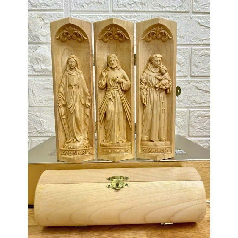 Bộ bàn thờ công giáo mini Đức mẹ Ban Ơn - Chúa Thương Xót -Thánh An Tôn, cao 20cm, gỗ Maple