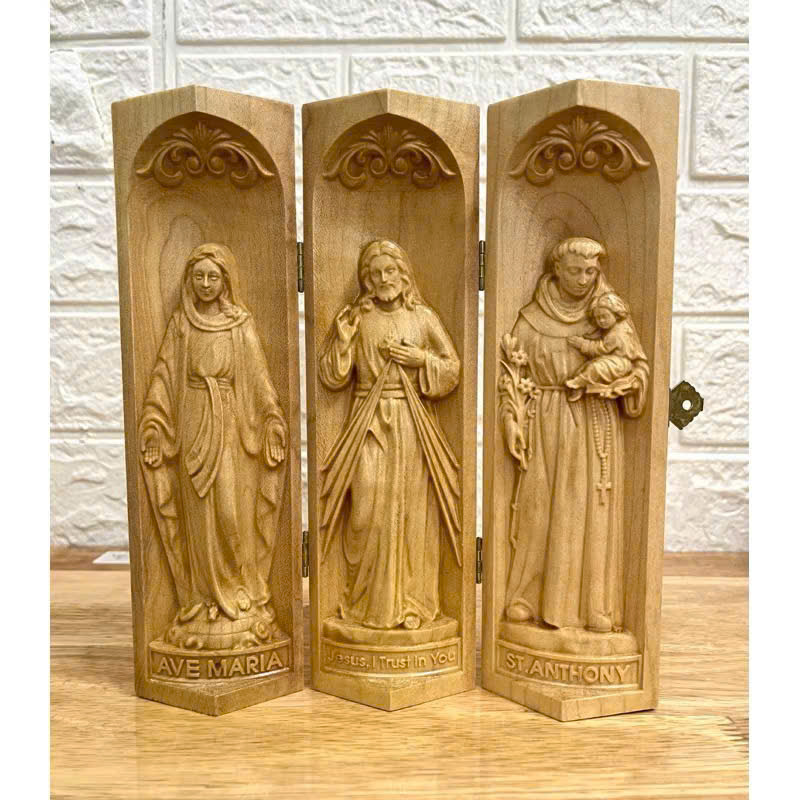 Bộ bàn thờ công giáo mini Đức mẹ Ban Ơn - Chúa Thương Xót -Thánh An Tôn, cao 20cm, gỗ Maple