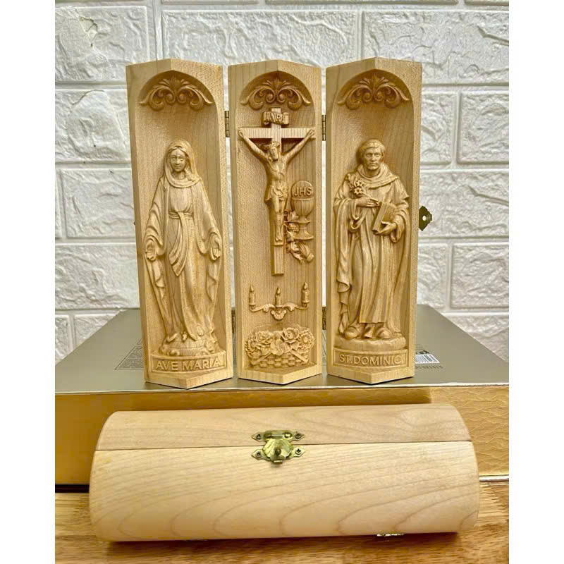 Bộ bàn thờ công giáo mini Đức mẹ Ban Ơn - Chúa Chịu Nạn -Thánh Dominic, cao 20cm, gỗ Maple