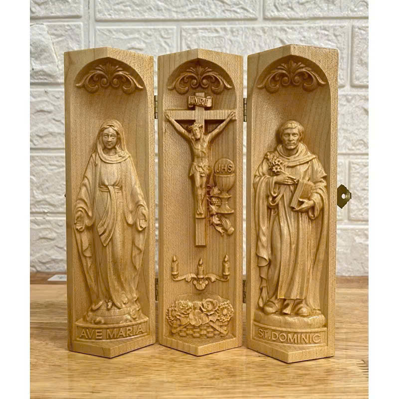 Bộ bàn thờ công giáo mini Đức mẹ Ban Ơn - Chúa Chịu Nạn -Thánh Dominic, cao 20cm, gỗ Maple