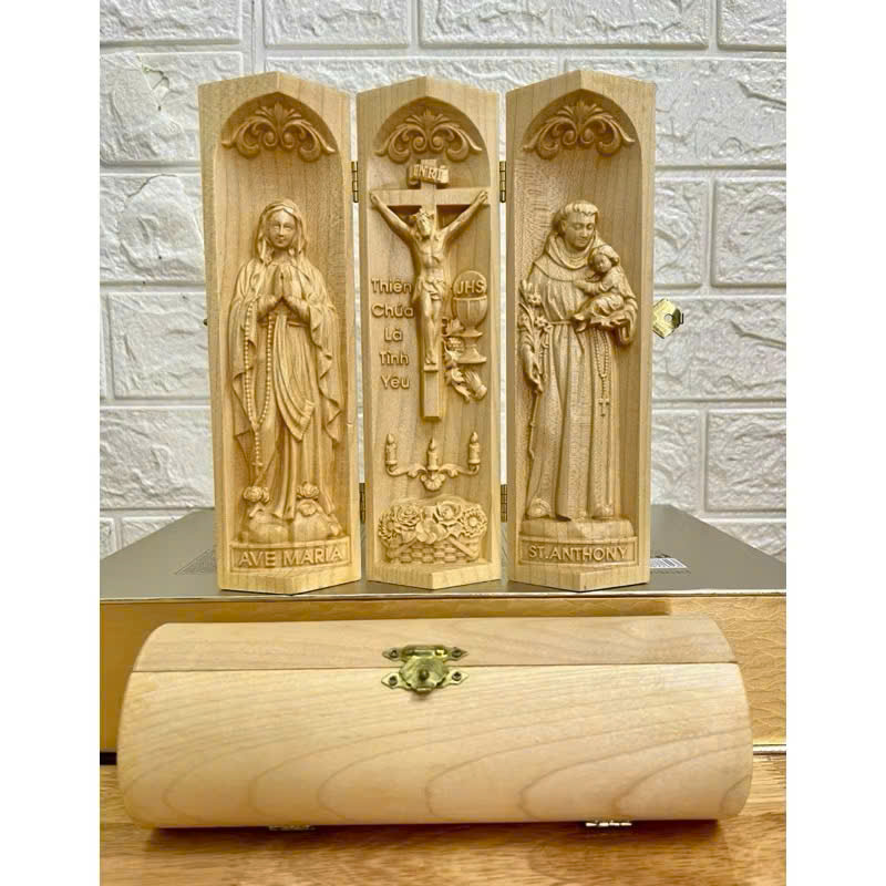 Bộ bàn thờ công giáo mini Đức mẹ Lộ Đức - Chúa Tình Yêu -Thánh An Tôn, cao 20cm, gỗ Maple