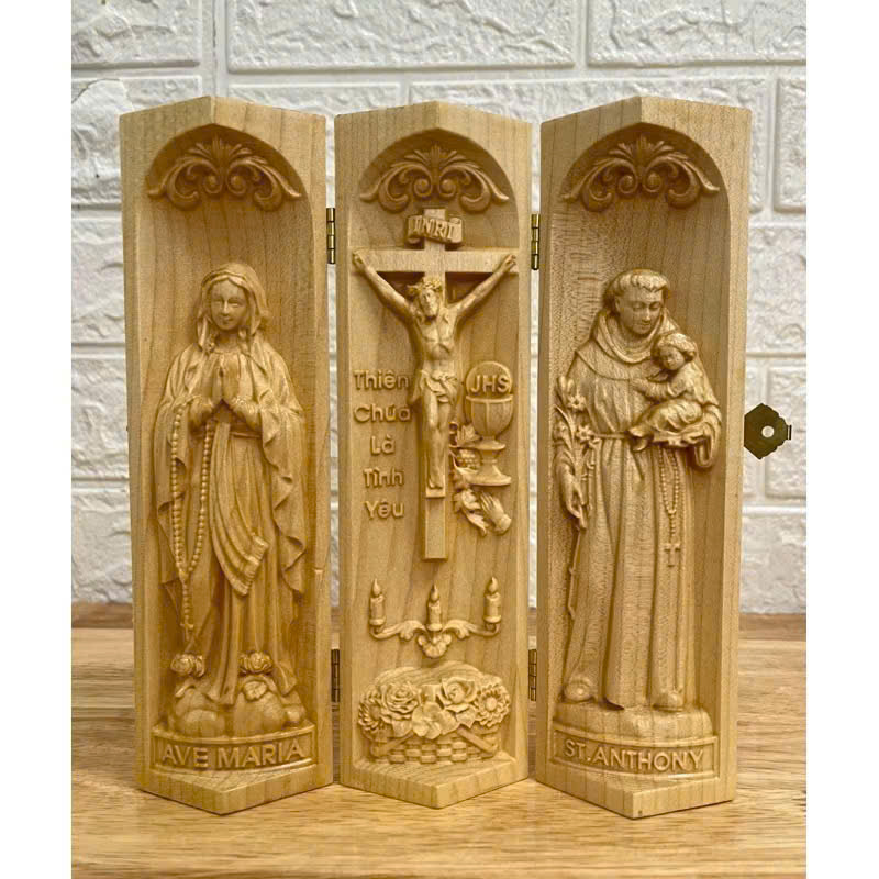 Bộ bàn thờ công giáo mini Đức mẹ Lộ Đức - Chúa Tình Yêu -Thánh An Tôn, cao 20cm, gỗ Maple