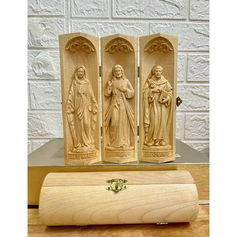 Bộ bàn thờ công giáo mini Đức mẹ Ban Ơn - Chúa Thương Xót -Thánh Dominic, cao 20cm, gỗ Maple